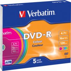 Диск DVD-R Verbatim 4.7Gb 16x Slim Color (5шт) 43557